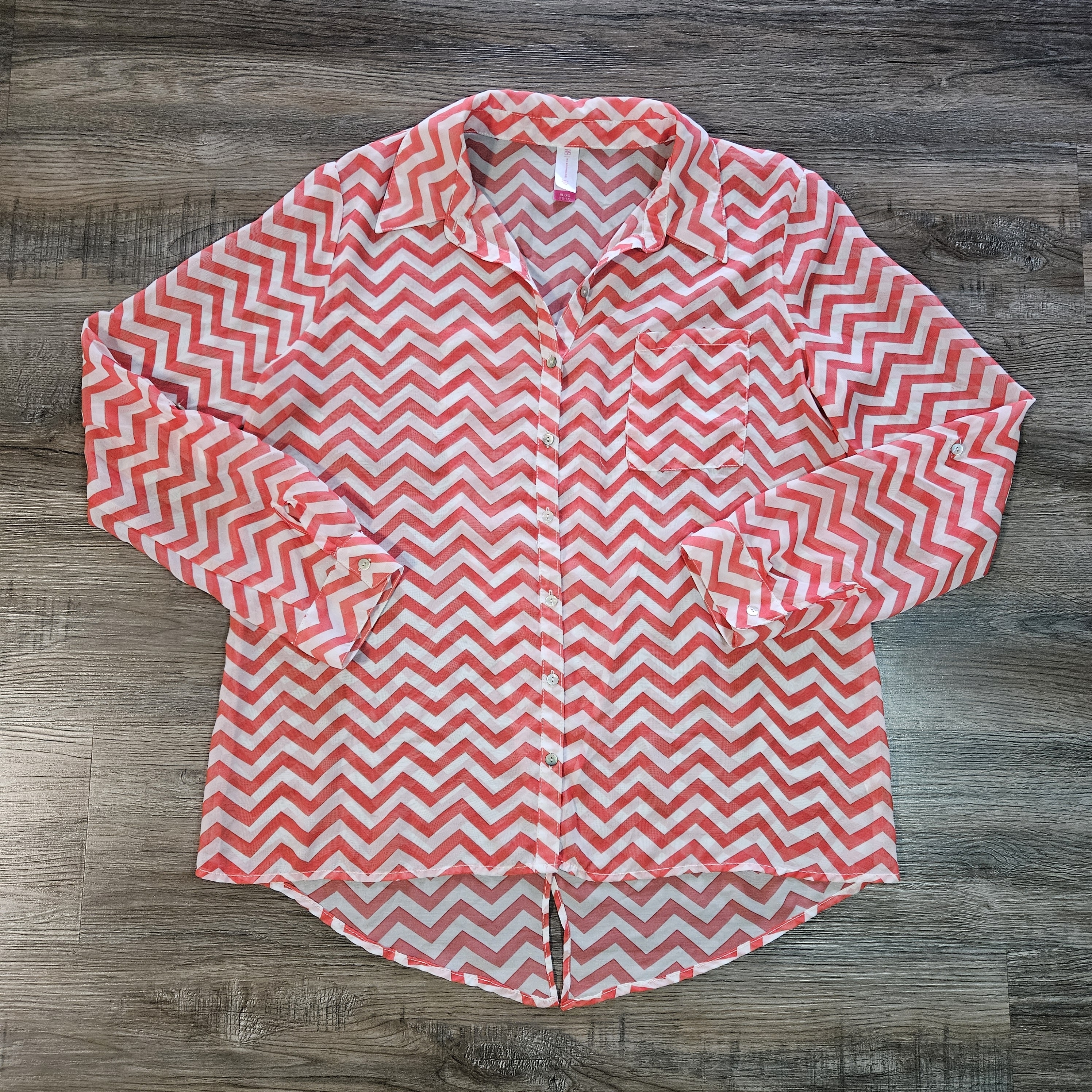 No Boundaries Coral & White Chevron Pattern Button-Up Blouse